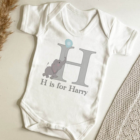 Personalised Elephant and Balloon Initial White Baby Vest