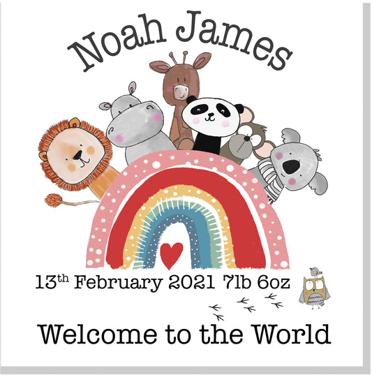 Personalised Rainbow Animals Welcome to the world square card