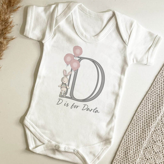 Personalised Bunny and Balloons Initial White Baby Vest