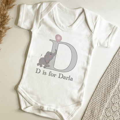 Personalised Elephant and Balloon Initial White Baby Vest