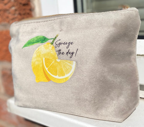 Squeeze the day Velvet make up bag Printed with a zesty lemon design