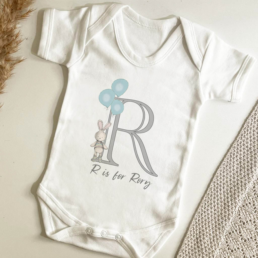 Personalised Bunny and Balloons Initial White Baby Vest