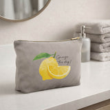 Squeeze the day Velvet make up bag Printed with a zesty lemon design