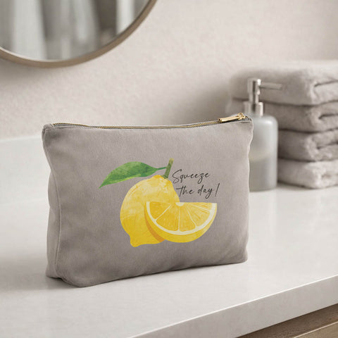 Squeeze the day Velvet make up bag Printed with a zesty lemon design