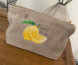 Squeeze the day Velvet make up bag Printed with a zesty lemon design