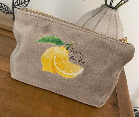 Squeeze the day Velvet make up bag Printed with a zesty lemon design