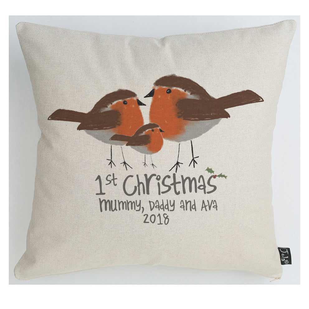 Personalised Robin 1st Family Christmas cushion