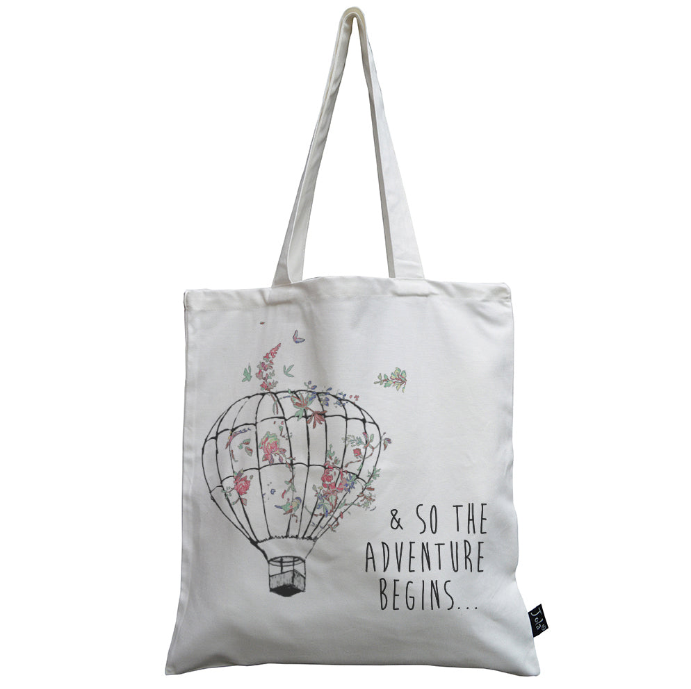 So let the adventure begin balloon floral canvas bag white