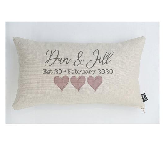 Personalised Wedding est blush hearts cushion