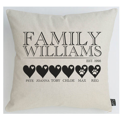 Personalised family names and hearts cushion