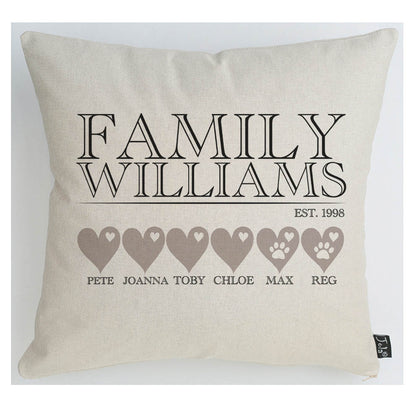 Personalised family names and hearts cushion