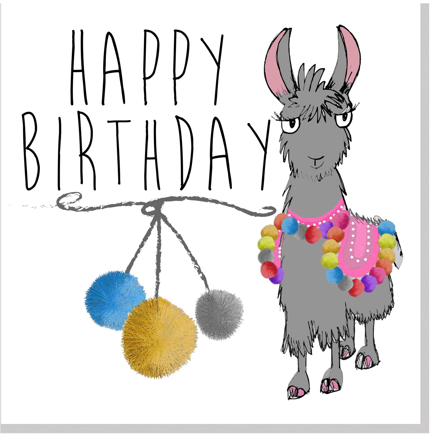 Happy Birthday Llama bright pom poms square card
