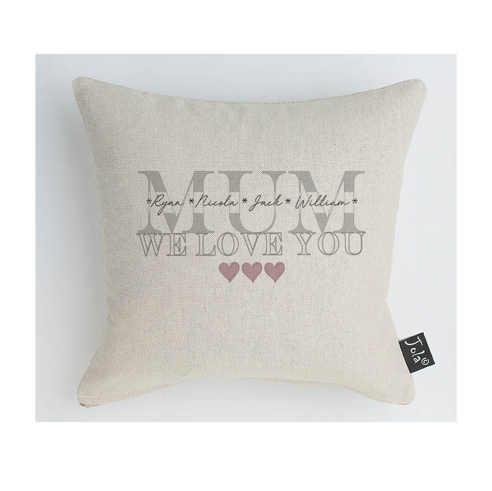 Personalised Mum cushion / Personalise / Block Hearts Script Names