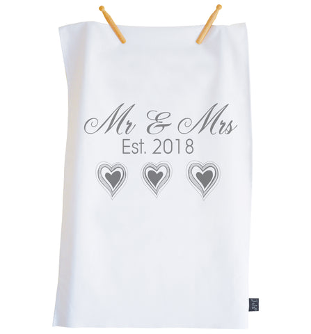 Mr & Mrs lined hearts Wedding tea towel