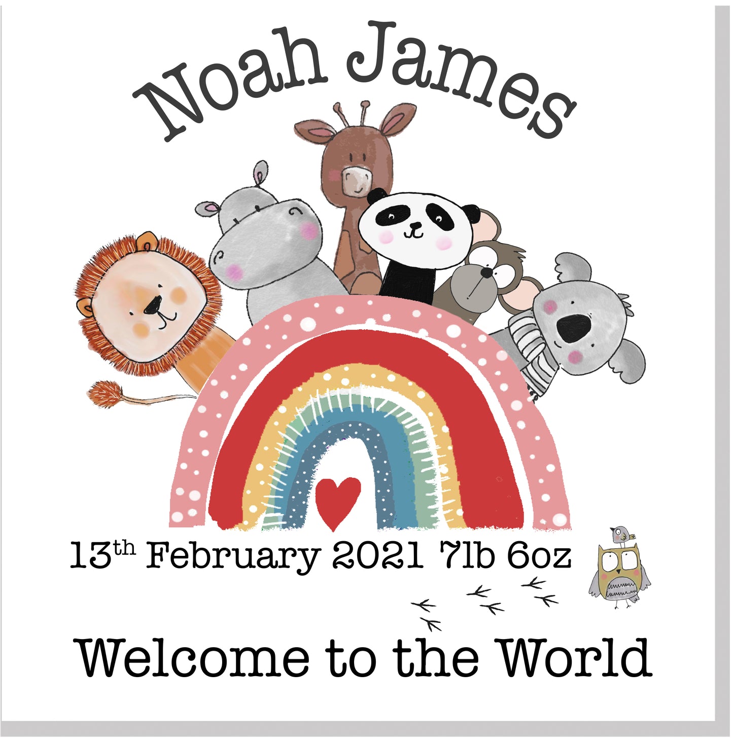 Personalised Rainbow Animals Welcome to the world square card