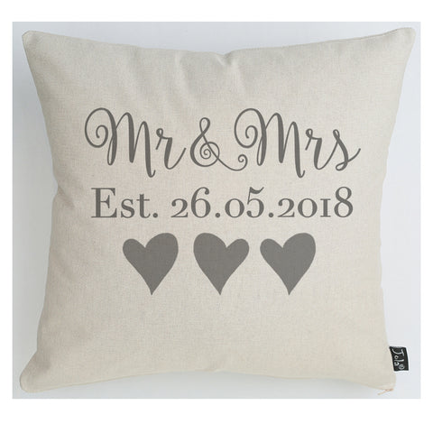Personalised Wedding Mr & Mrs Est cushion Grey