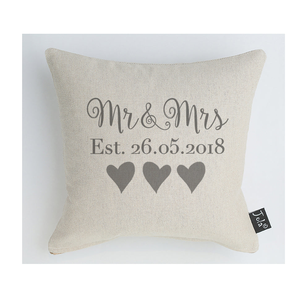 Personalised Wedding Mr Mrs Est cushion Grey Jola Designs
