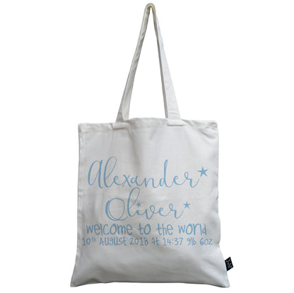 Personalised welcome to the world canvas bag