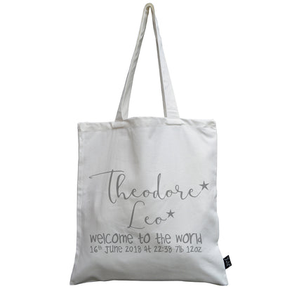 Personalised welcome to the world canvas bag