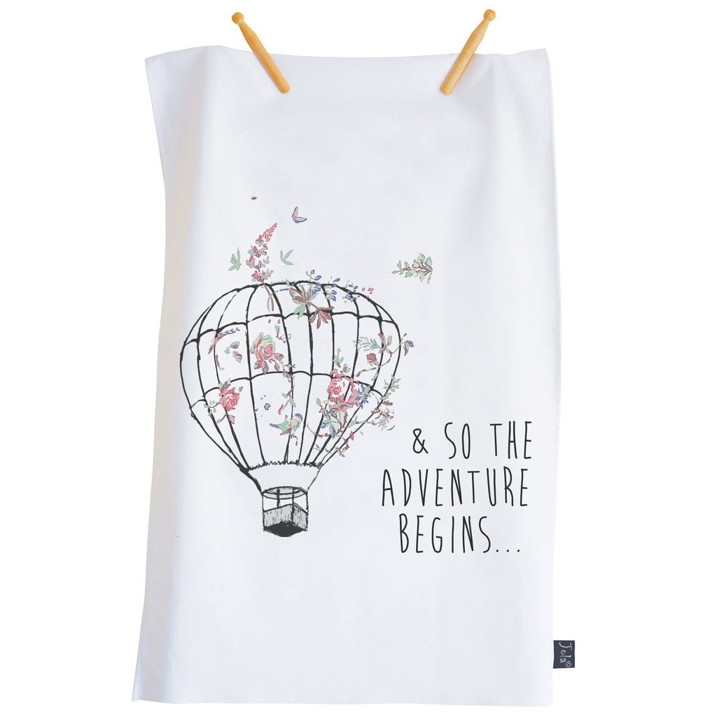 So the adventure begins Balloon Floral tea towel