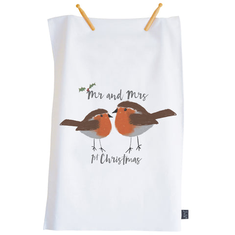 Mr & Mrs 1st Christmas Robin tea towel