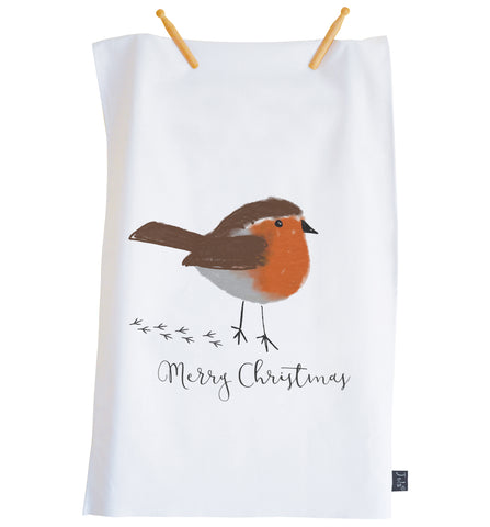 Merry Christmas Robin tea towel